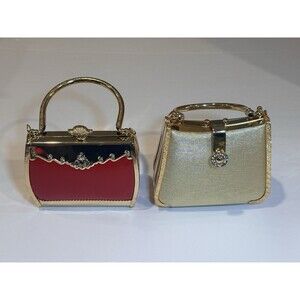Lot of 2 Ornate Mini Evening Handbags Gold Tone Red Rhinestone Clutch Purses